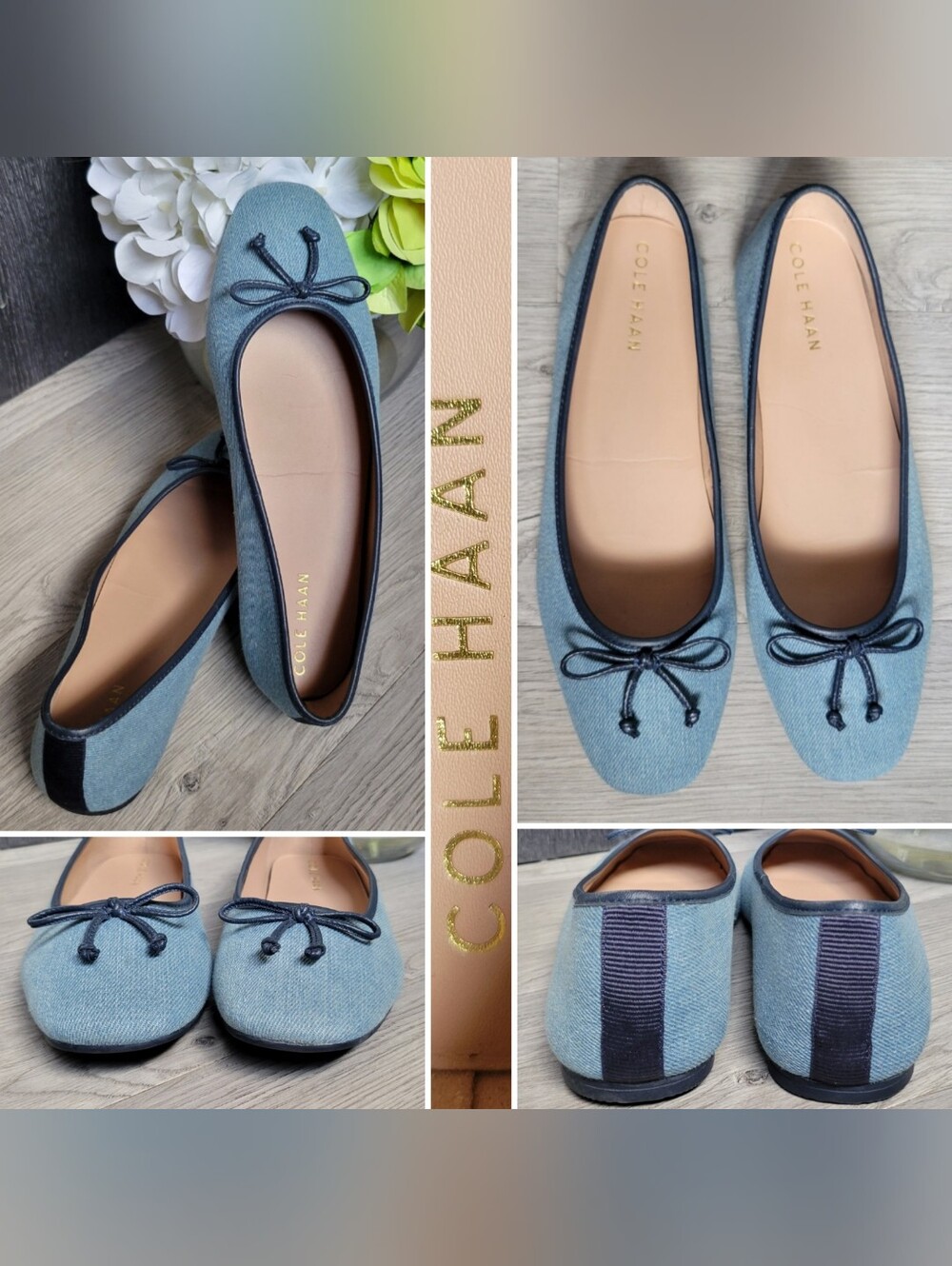 Cole Haan Yara Soft Ballet Flats Denim Chambray & Navy Blazer Leather, US 8.5